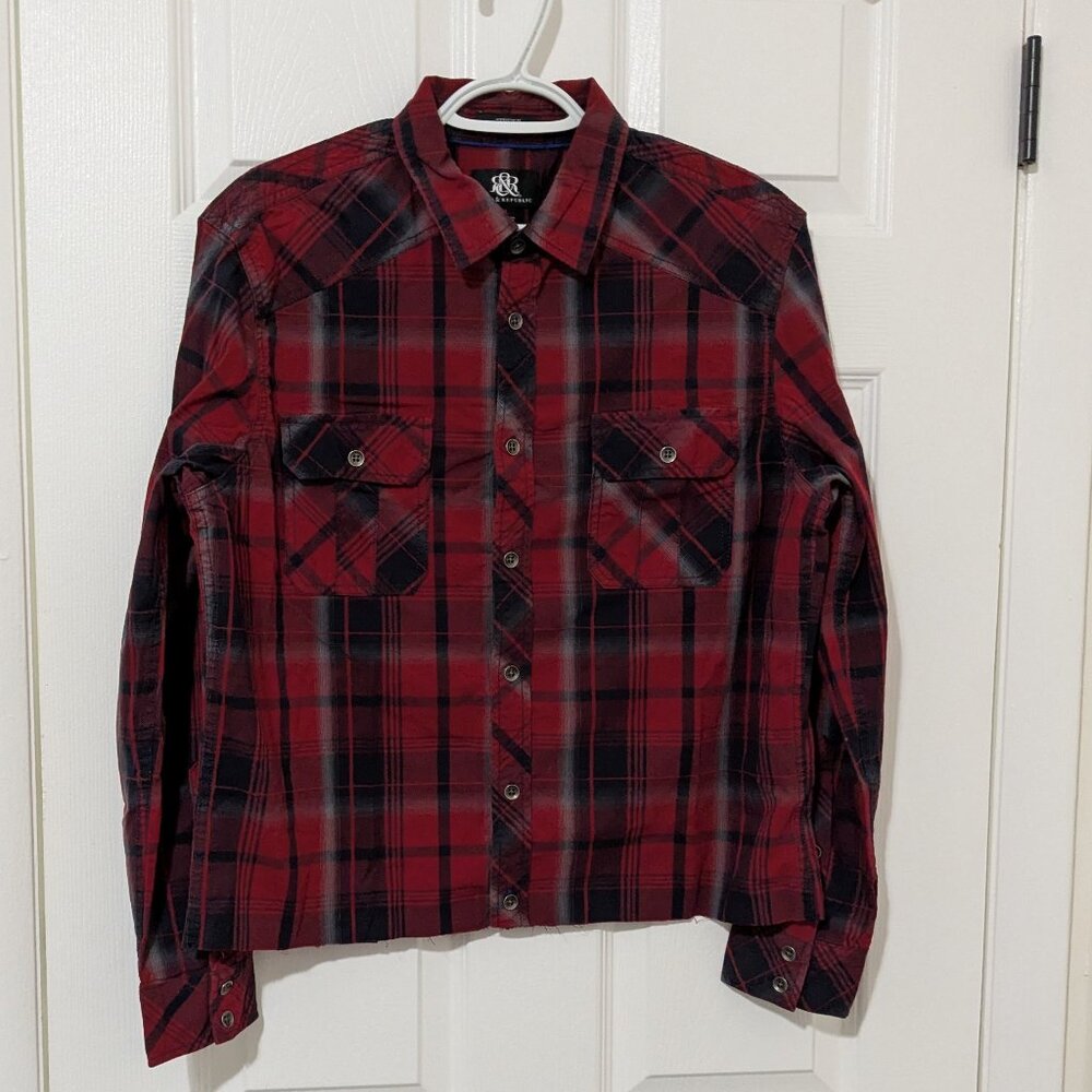 Rock & Republic stretch roll tab long sleeve Western plaid button down shirt siz